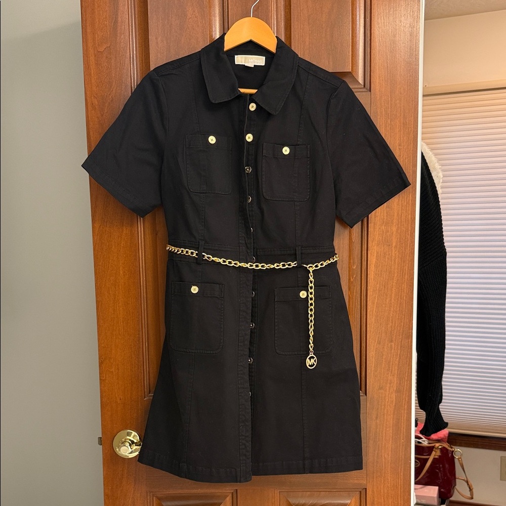 Michael Kors Black Short Sleeve Dress with Gold Chain Belt